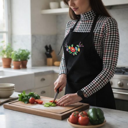 Egyedi konyhai kötény kalocsai hímzéssel