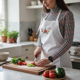 Egyedi konyhai kötény kalocsai hímzéssel