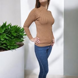 Puha bordás basic pulóver | gesztenye