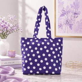   Lila Pötty női shopper táska – lila-fehér pöttyös vászontáska