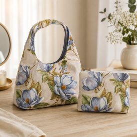   Magnolia Bloom szett – virágmintás női táska és neszesszer – Kék