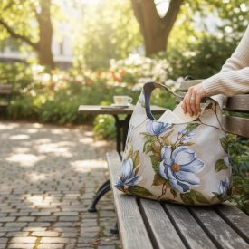 Magnolia Bloom virágmintás női vászontáska – Kék