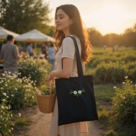 Kézzel hímzett vászontáska margaréta mintával